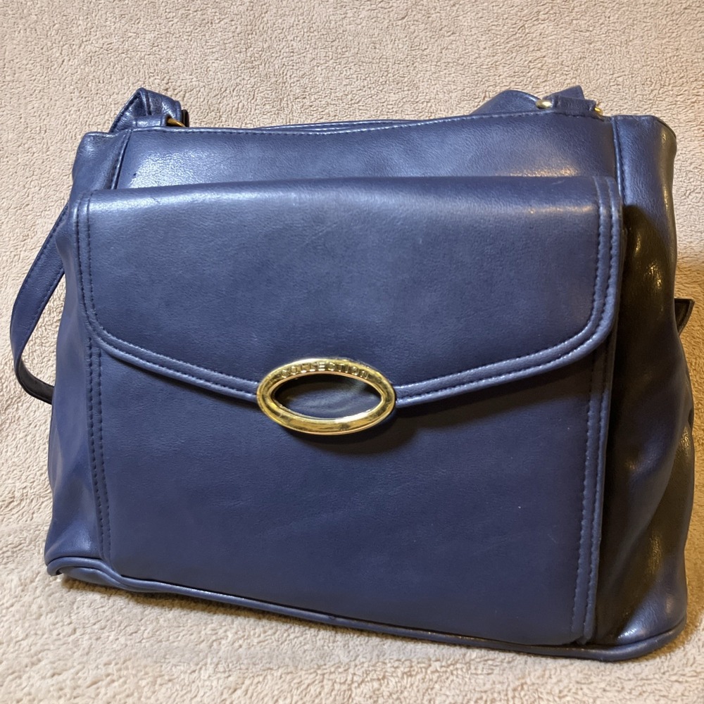 Collection Shoulder Hand Bag Blue Vinyl Purse‎ Gold Hardware Multi Large Pockets